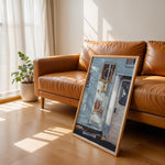 Load image into Gallery viewer, Plakat med camper | Sommer og Strand Plakater | Denne plakat viser en blå og hvid camper med et skilt hvor der står &quot;GONE SURFING&quot;. Perfekt til surfere og eventyrlige sjæle.
