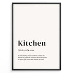 Load image into Gallery viewer, Minimalist kitchen definition poster with black text describing the kitchen as the heart of a home on a light background in a black frame.

