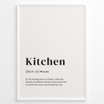 Load image into Gallery viewer, Minimalist kitchen definition poster with black text describing the kitchen as the heart of a home on a light background in a white frame.
