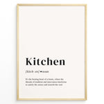 Load image into Gallery viewer, Minimalist kitchen definition poster with black text describing the kitchen as the heart of a home on a light background in a golden frame.
