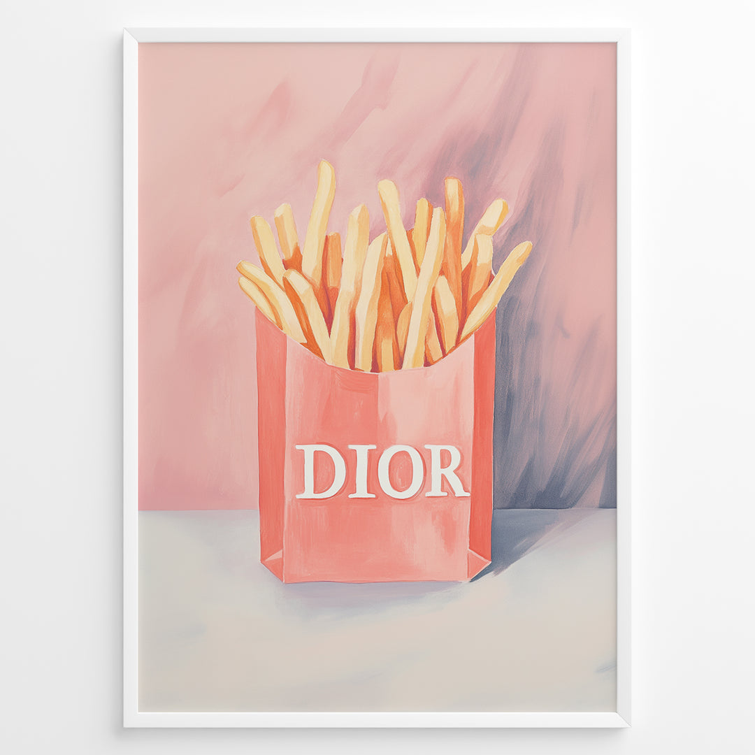 Pop art print plakat of golden fries in a pink designer-style bag with artistic pink and purple background.