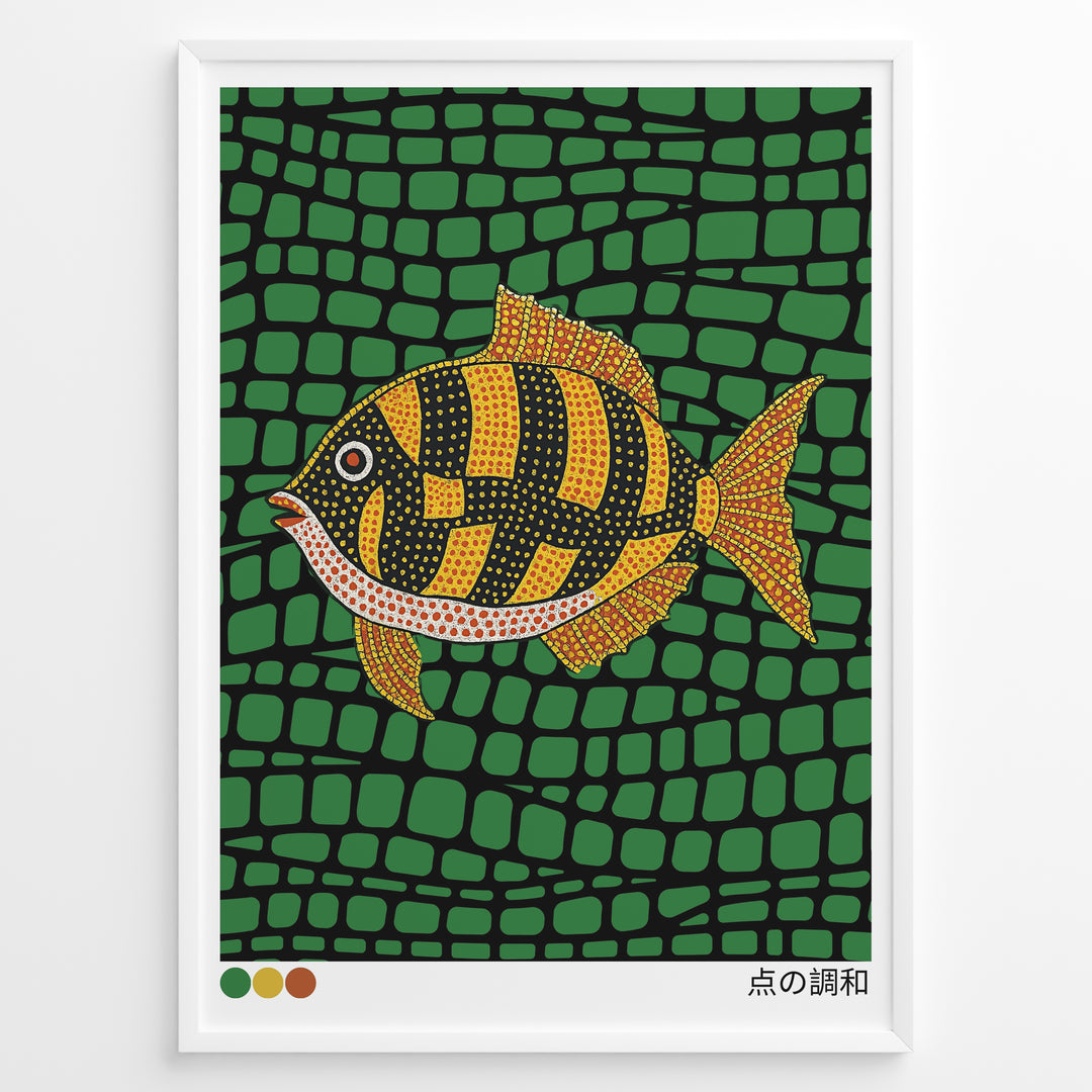 Colorful Japanese dot art illustration of a fish on a green patterned background in a framed poster.