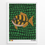 Load image into Gallery viewer, Colorful Japanese dot art illustration of a fish on a green patterned background in a framed poster.

