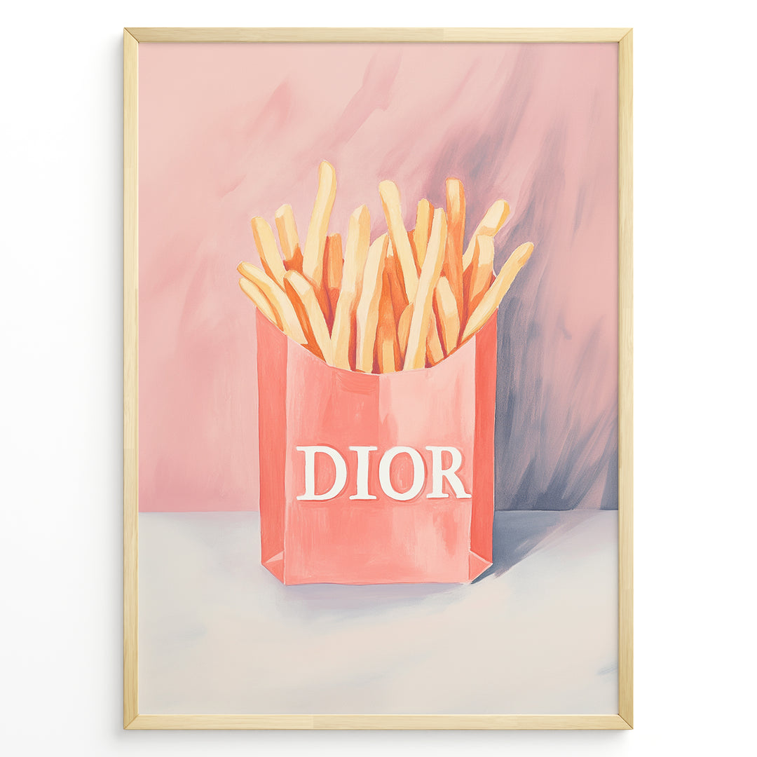 Pop art print plakat of golden fries in a pink designer-style bag with artistic pink and purple background.