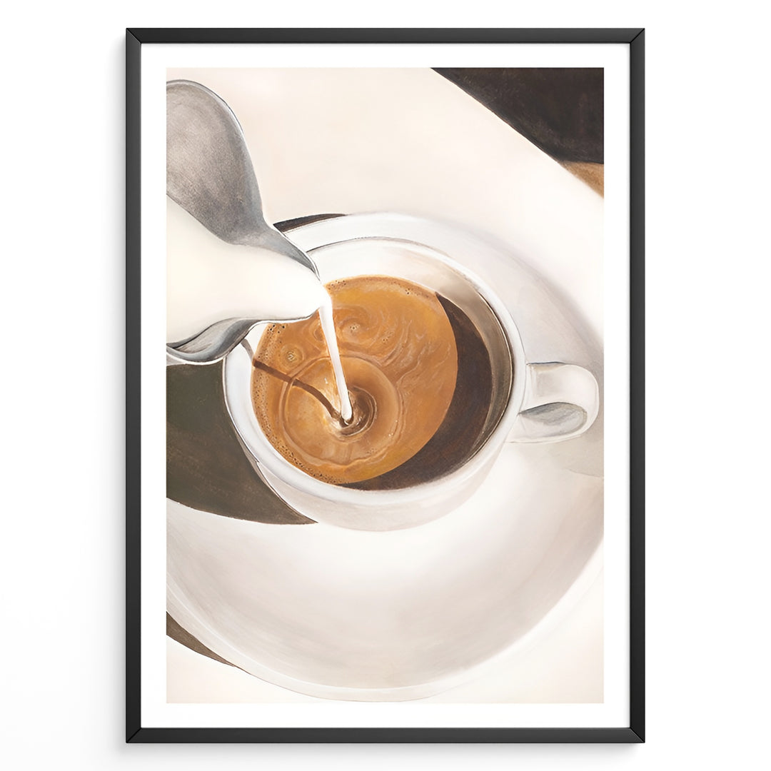 Coffee art print plakat showing milk being poured into a cup of espresso, creating a swirl pattern in a white cup on a saucer.