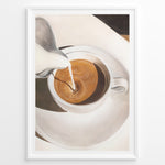 Load image into Gallery viewer, Coffee art print plakat showing milk being poured into a cup of espresso, creating a swirl pattern in a white cup on a saucer.
