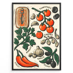 Load image into Gallery viewer, Rustic Mediterranean ingredients poster with illustrated tomatoes, garlic, olives, parsley, chili, and anchovies on a cream background in a black frame.
