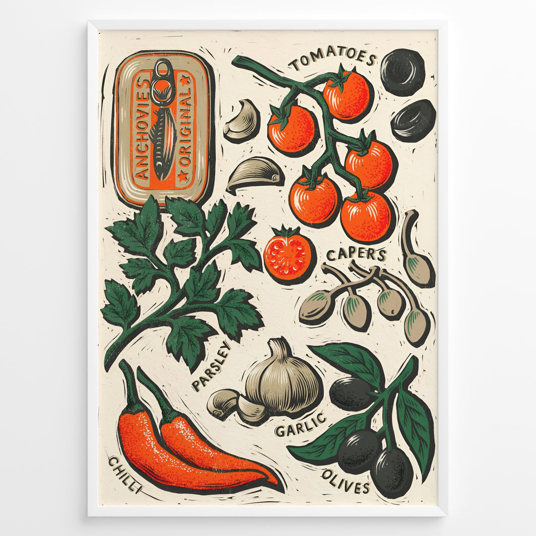 Rustic Mediterranean ingredients poster with illustrated tomatoes, garlic, olives, parsley, chili, and anchovies on a cream background in a white frame.
