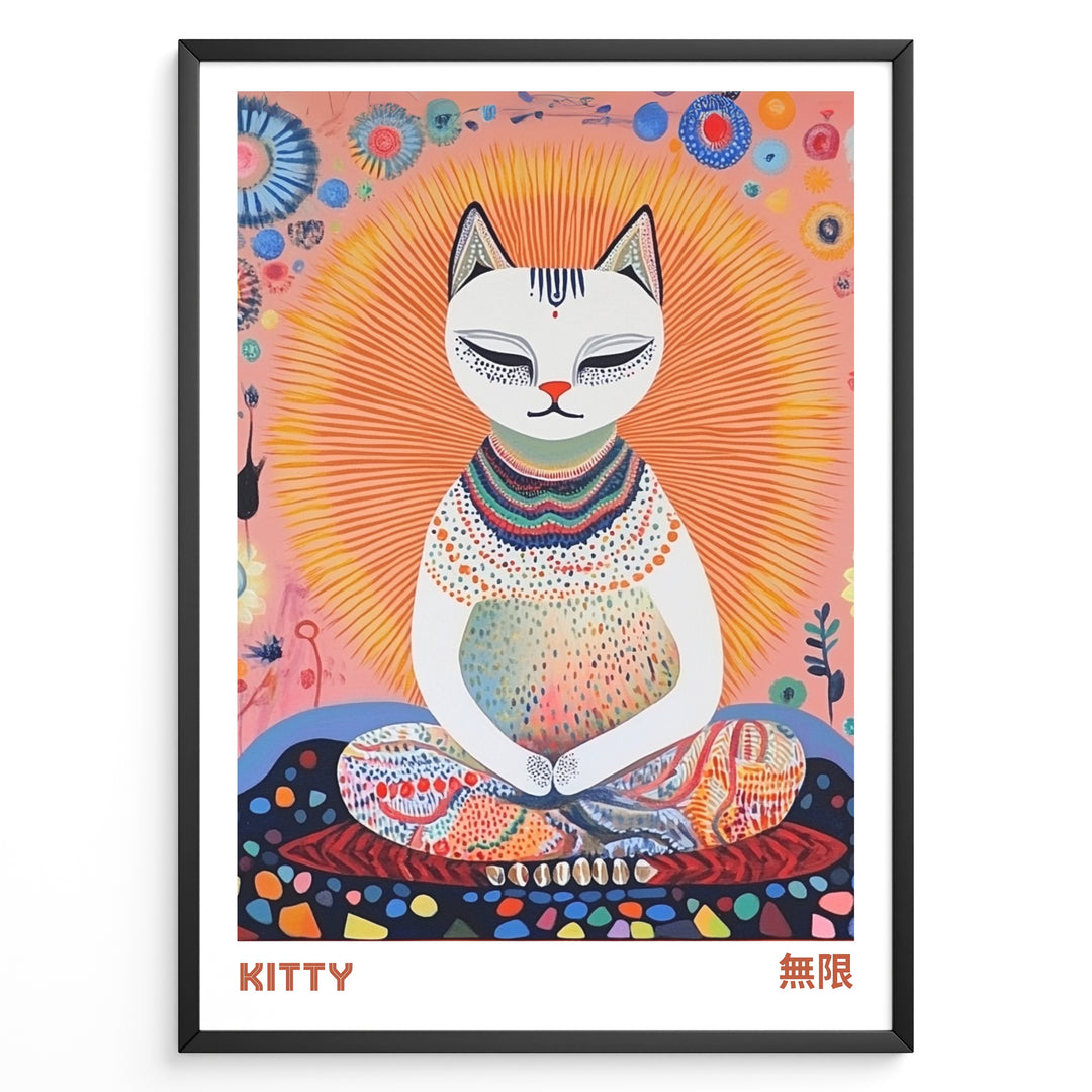 Colorful illustration of a meditating cat with a radiant halo and intricate patterns in a framed poster.
