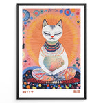 Load image into Gallery viewer, Colorful illustration of a meditating cat with a radiant halo and intricate patterns in a framed poster.

