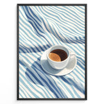 Load image into Gallery viewer, Minimalist espresso art print plakat featuring a white coffee cup on blue and white striped fabric in a black frame.
