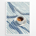Load image into Gallery viewer, Minimalist espresso art print plakat featuring a white coffee cup on blue and white striped fabric in a White frame.
