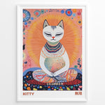Load image into Gallery viewer, Colorful illustration of a meditating cat with a radiant halo and intricate patterns in a framed poster.

