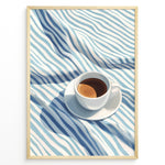 Load image into Gallery viewer, Minimalist espresso art print plakat featuring a white coffee cup on blue and white striped fabric in a Golden frame.
