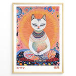 Load image into Gallery viewer, Colorful illustration of a meditating cat with a radiant halo and intricate patterns in a framed poster.

