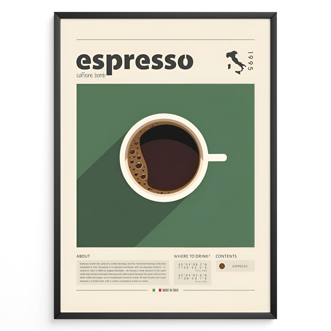 Modern espresso poster with minimalist coffee cup illustration on a green background and Italian design details in a black frame.