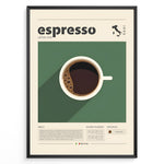 Load image into Gallery viewer, Modern espresso poster with minimalist coffee cup illustration on a green background and Italian design details in a black frame.
