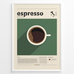 Load image into Gallery viewer, Modern espresso poster with minimalist coffee cup illustration on a green background and Italian design details in a white frame.
