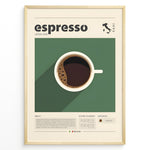 Load image into Gallery viewer, Modern espresso poster with minimalist coffee cup illustration on a green background and Italian design details in a golden frame.
