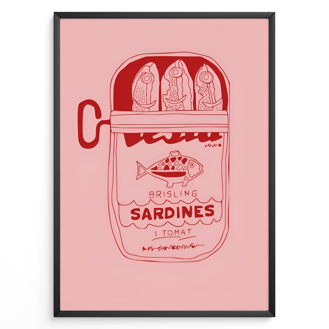 Retro kitchen poster featuring a red line illustration of a sardine tin labeled “Brisling Sardines i Tomat” on a pink background, framed in black.