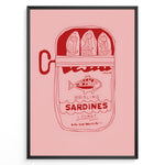 Load image into Gallery viewer, Retro kitchen poster featuring a red line illustration of a sardine tin labeled “Brisling Sardines i Tomat” on a pink background, framed in black.
