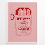 Load image into Gallery viewer, Retro kitchen poster featuring a red line illustration of a sardine tin labeled “Brisling Sardines i Tomat” on a pink background, framed in white.
