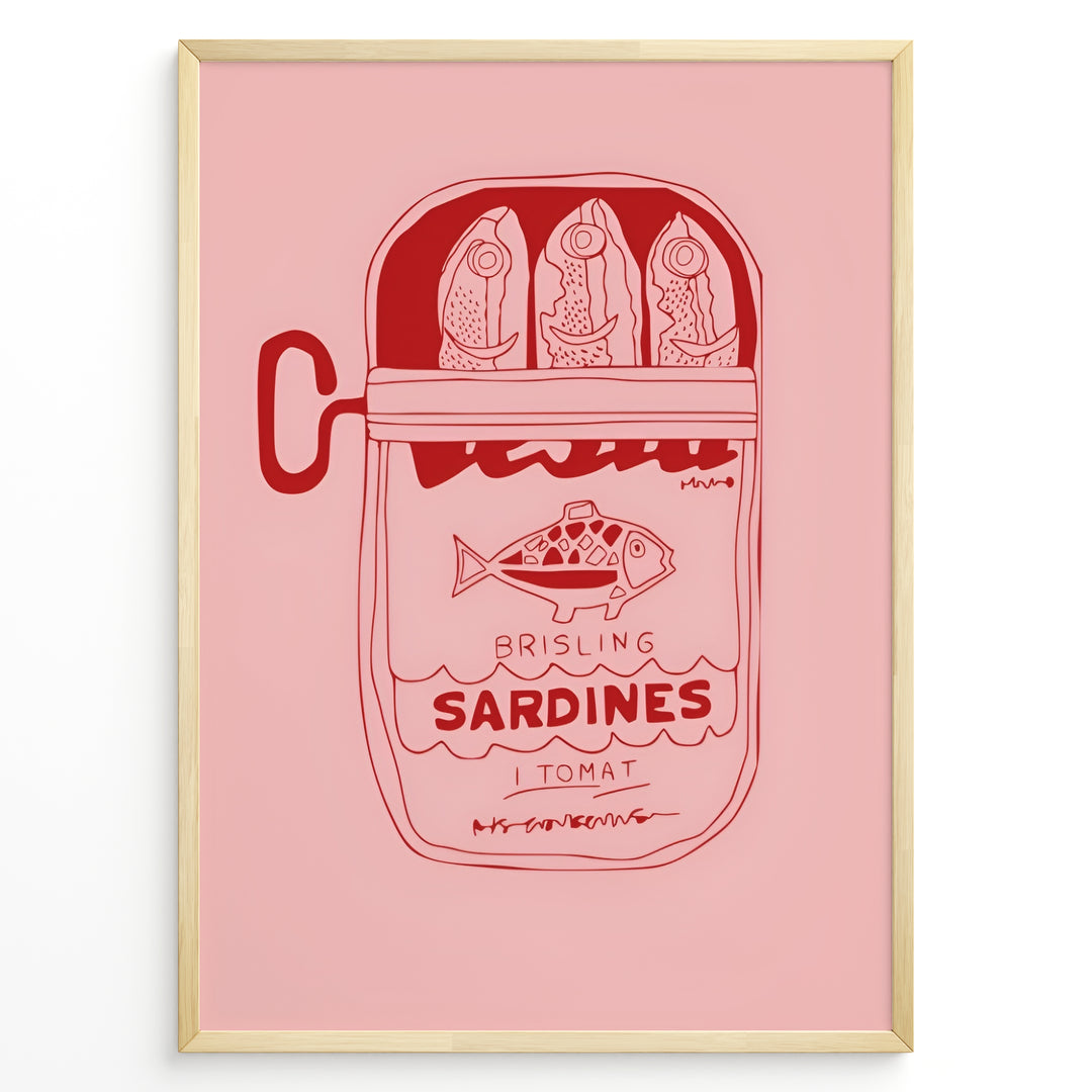 Retro kitchen poster featuring a red line illustration of a sardine tin labeled “Brisling Sardines i Tomat” on a pink background, framed in golden.