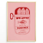 Load image into Gallery viewer, Retro kitchen poster featuring a red line illustration of a sardine tin labeled “Brisling Sardines i Tomat” on a pink background, framed in golden.
