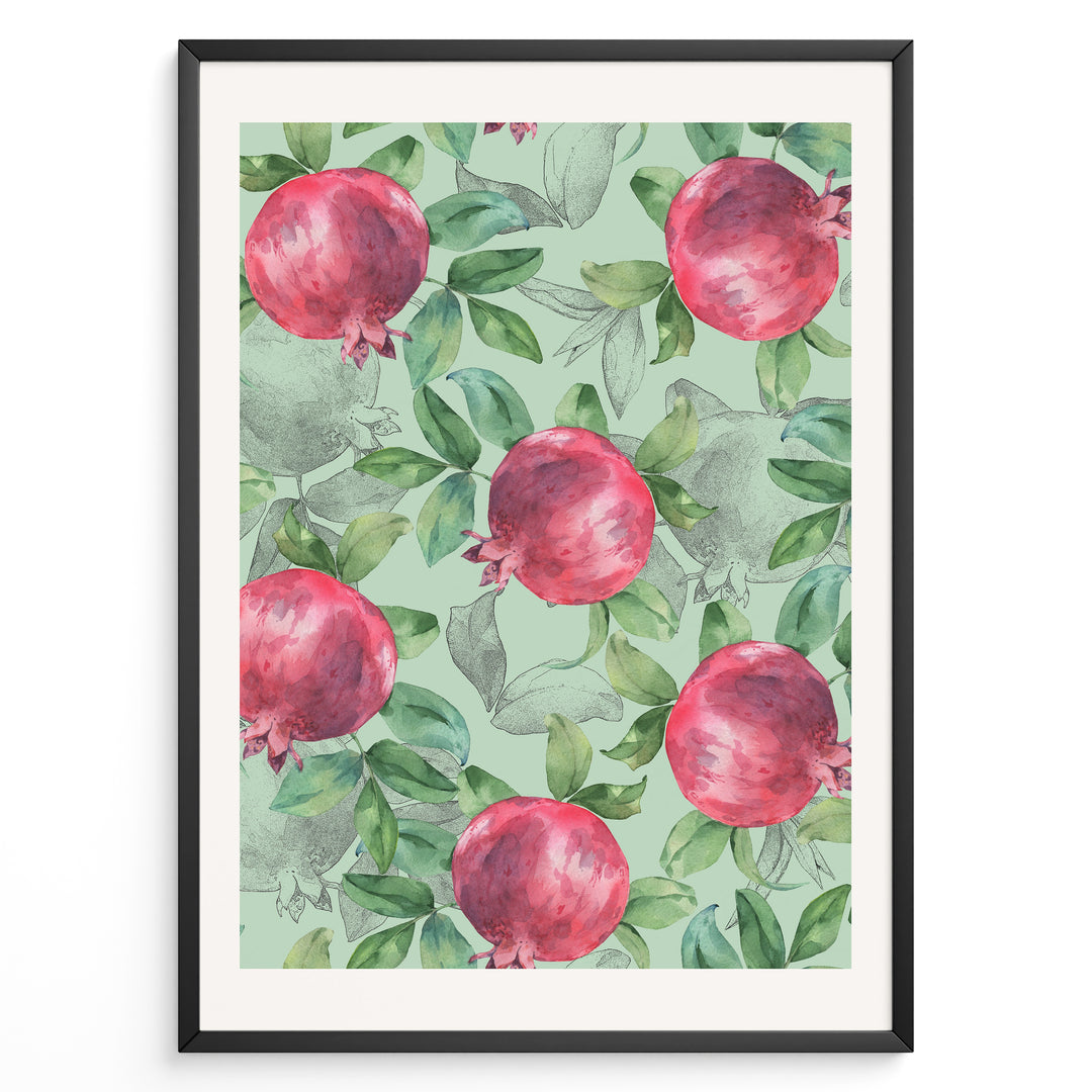 Watercolor botanical poster featuring red pomegranates with green leaves on a mint green background, framed in black.