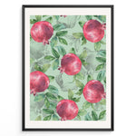 Load image into Gallery viewer, Watercolor botanical poster featuring red pomegranates with green leaves on a mint green background, framed in black.
