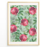Load image into Gallery viewer, Watercolor botanical poster featuring red pomegranates with green leaves on a mint green background, framed in golden.
