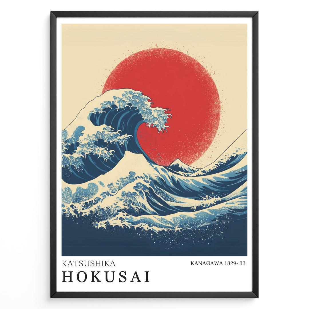 Hokusai-inspired illustration of a large blue wave with a red sun in a minimalist framed poster.