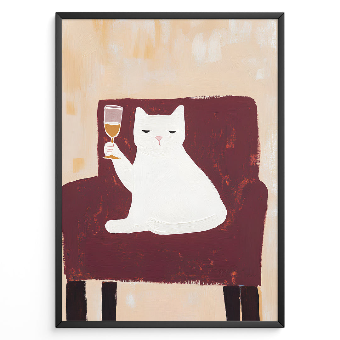 Funny cat art print plakat showing a white cat sitting on a maroon chair holding a wine glass, framed in black on a beige background.