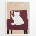 Load image into Gallery viewer, Funny cat art print plakat showing a white cat sitting on a maroon chair holding a wine glass, framed in black on a beige background.
