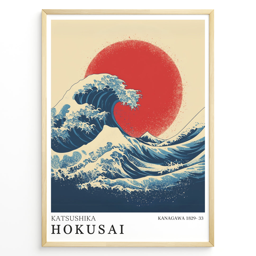 Hokusai-inspired illustration of a large blue wave with a red sun in a minimalist framed poster.