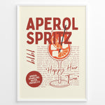 Load image into Gallery viewer, Aperol Spritz art print plakat with orange cocktail illustration, modern typography, and text details in a black frame on beige background.
