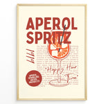 Load image into Gallery viewer, Aperol Spritz art print plakat with orange cocktail illustration, modern typography, and text details in a black frame on beige background.
