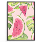 Load image into Gallery viewer, Watercolor poster featuring watermelon slices and tropical green leaves on a soft pink background, framed in black.
