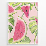 Load image into Gallery viewer, Watercolor poster featuring watermelon slices and tropical green leaves on a soft pink background, framed in white.
