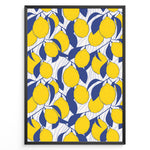 Load image into Gallery viewer, Bright lemon pattern poster with yellow lemons and blue leaves on a white background, framed in black.

