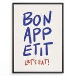 Load image into Gallery viewer, Minimalist poster with blue handwritten text “Bon Appétit” and red “Let’s Eat!” on a white background, framed in black.
