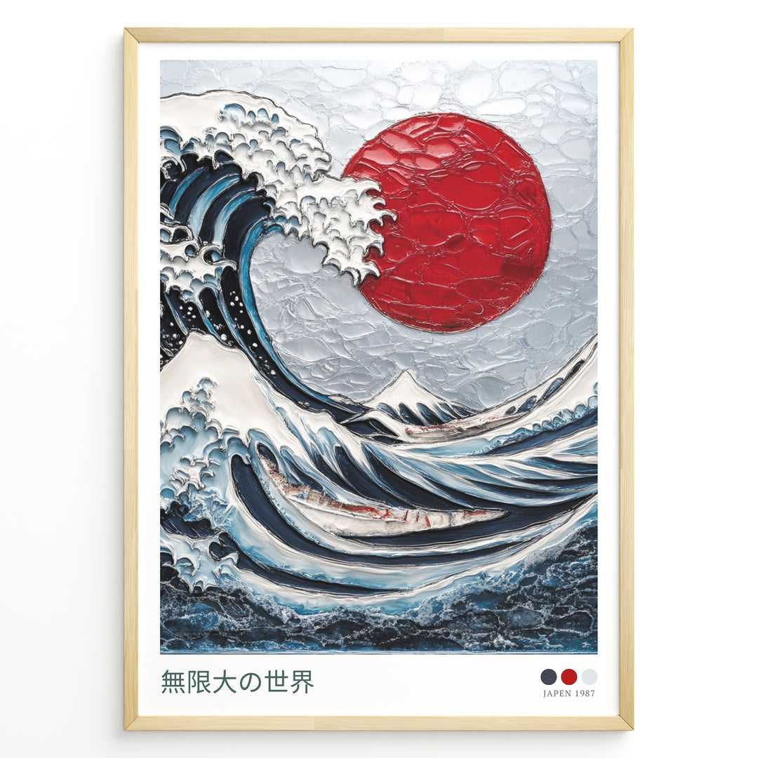 Textured Japanese-style artwork of a large blue wave with a red sun in a framed poster.