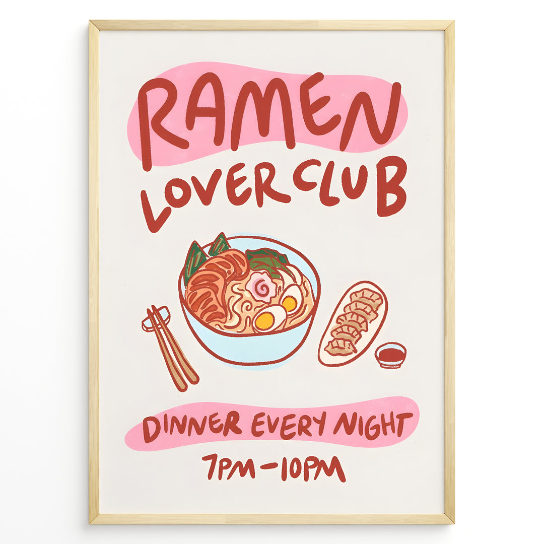 Colorful ramen lover club poster with ramen bowl, gyoza, chopsticks, and playful red text on white background in a golden frame.