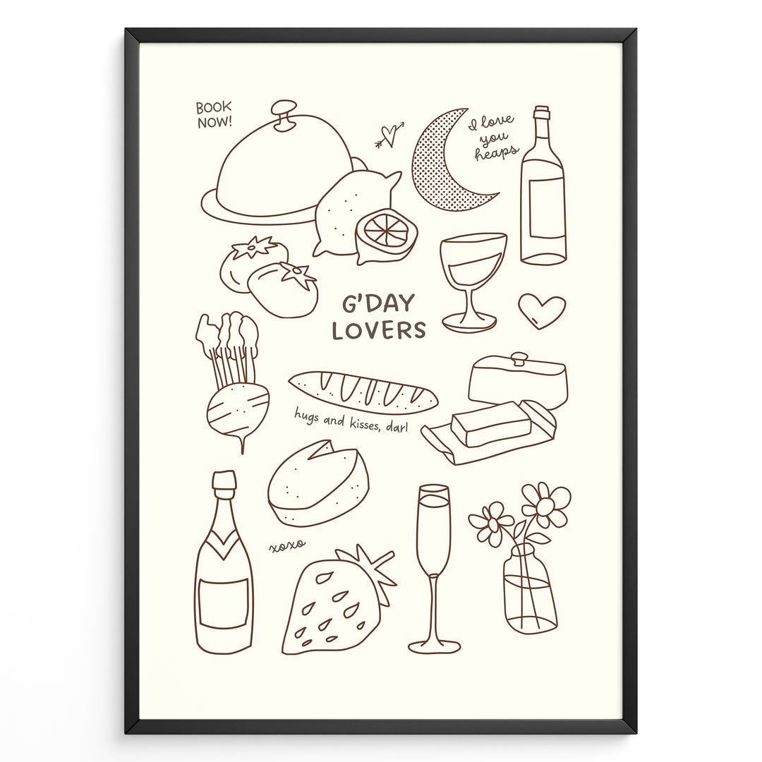 Minimal line art poster featuring doodles of wine, bread, cheese, fruit, and text “G’Day Lovers” on a cream background framed in black.