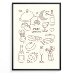 Load image into Gallery viewer, Minimal line art poster featuring doodles of wine, bread, cheese, fruit, and text “G’Day Lovers” on a cream background framed in black.
