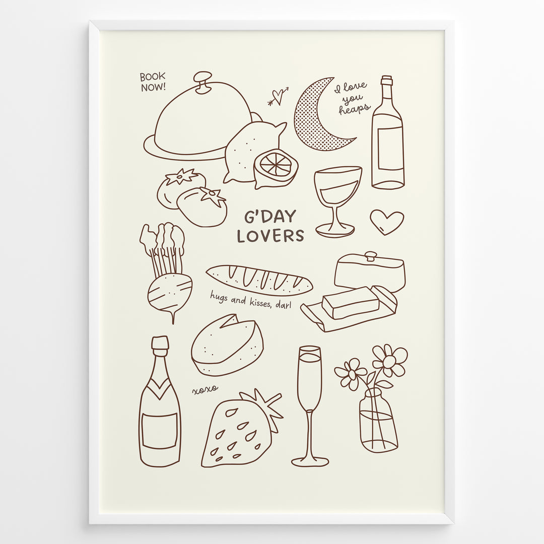 Minimal line art poster featuring doodles of wine, bread, cheese, fruit, and text “G’Day Lovers” on a cream background framed in white.