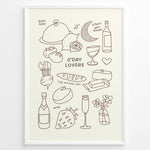 Load image into Gallery viewer, Minimal line art poster featuring doodles of wine, bread, cheese, fruit, and text “G’Day Lovers” on a cream background framed in white.
