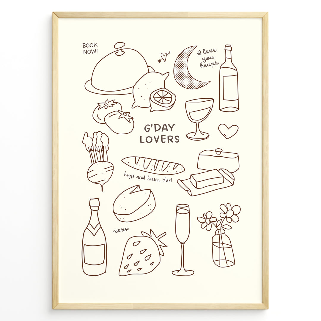 Minimal line art poster featuring doodles of wine, bread, cheese, fruit, and text “G’Day Lovers” on a cream background framed in golden.