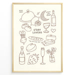 Load image into Gallery viewer, Minimal line art poster featuring doodles of wine, bread, cheese, fruit, and text “G’Day Lovers” on a cream background framed in golden.

