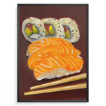 Load image into Gallery viewer, Hand-painted sushi artwork featuring salmon nigiri, sushi rolls, and chopsticks on a dark brown background in a black frame.
